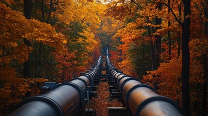 Poster - Advanced pipeline fittings surrounded by the rich colors of autumn foliage, combining technology with the warmth of fall natural beauty