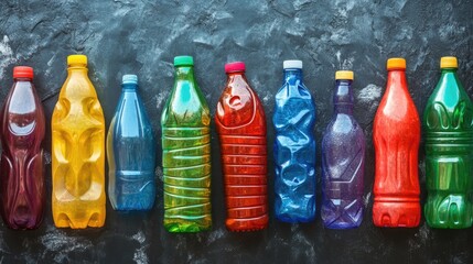 Poster - An artistic display of colorful plastic bottles against a dark textured surface, promoting environmental sustainability and the importance of recycling.