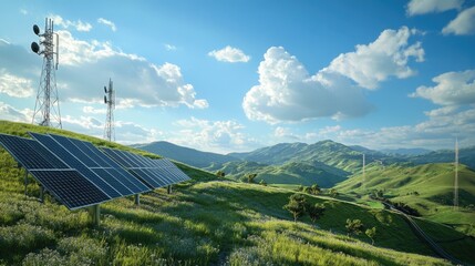 Poster - An efficient backhaul system in a serene landscape, with solar panels and antennas on rolling hills under a bright blue sky, symbolizing technological sustainability.