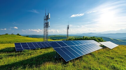 Poster - An efficient backhaul system in a serene landscape, with solar panels and antennas on rolling hills under a bright blue sky, symbolizing technological sustainability.