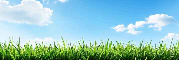 Poster - Lush green grass under a bright blue sky with fluffy clouds on a sunny day in an open field. Generative AI