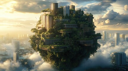 Poster - An urban island wrapped in lush vegetation, set against a dramatic sky filled with clouds, showcasing the beauty of sustainable urban design within nature.