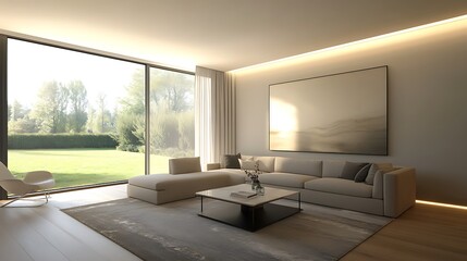 Leinwandbilder - Modern living room with large windows, minimalistic decor, and a serene outdoor view.