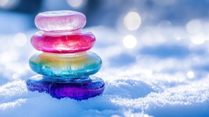 Poster - Beautifully stacked vibrant ice pieces on a white snow canvas, blending artistic design with the stillness of a winter wonderland, captured in soft focus.