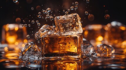 Poster - Beautifully textured ice cubes surrounded by whiskey and water droplets, softly lit in a studio, evoking a luxurious and refined atmosphere.