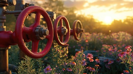 Poster - Bright red hand wheels on industrial valves, seamlessly blending with lush surroundings and a serene sunset, creating an unexpected yet harmonious juxtaposition.