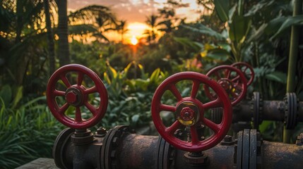Poster - Bright red hand wheels on industrial valves, seamlessly blending with lush surroundings and a serene sunset, creating an unexpected yet harmonious juxtaposition.