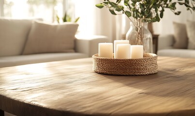 Poster - A cozy living space with a wooden table, candles, and greenery, creating a warm atmosphere.