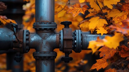 Poster - Close-up of sophisticated pipeline fittings, complemented by the vibrant hues of autumn foliage, blending modern technology with the charm of the season.