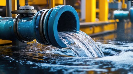 Poster - Close-up of swirling water inside a pipe, with colorful machinery in the background, combining industrial technology with a dynamic, modern touch.