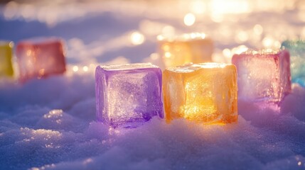 Poster - Colorful ice blocks placed on a snowy surface, with gentle sunlight reflections and a blurred background, creating a serene, magical winter landscape.