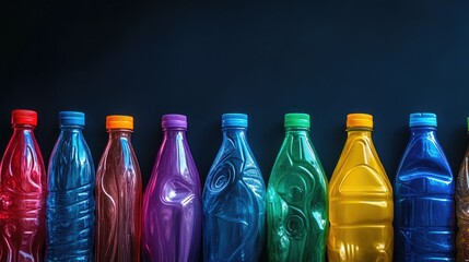 Poster - Colorful plastic bottles arranged on a dark background, symbolizing the importance of recycling and environmental sustainability through vibrant and eye-catching design.