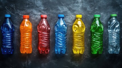 Poster - Colorful plastic bottles arranged on a dark background, symbolizing the importance of recycling and environmental sustainability through vibrant and eye-catching design.