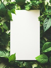Fototapete - Blank paper surrounded by lush green leaves in a serene natural setting during daylight. Generative AI