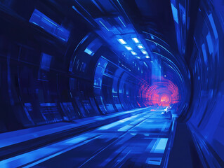 Poster - A mesmerizing dark blue tunnel with a radiant ray of light creates an abstract and futuristic technology background, evoking a sense of depth and mystery with its captivating shades of blue