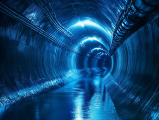 Poster - A mesmerizing dark blue tunnel with a radiant ray of light creates an abstract and futuristic technology background, evoking a sense of depth and mystery with its captivating shades of blue