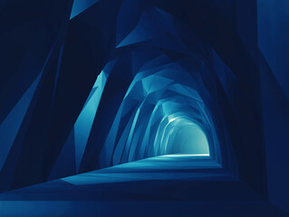Poster - A mesmerizing dark blue tunnel with a radiant ray of light creates an abstract and futuristic technology background, evoking a sense of depth and mystery with its captivating shades of blue