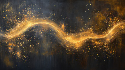 Wall Mural - An elegant digital painting of golden light trails cascading over a deep black canvas, creating a mesmerizing abstract background