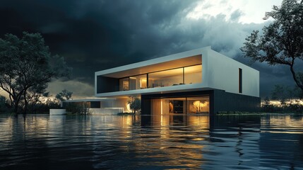 Aufkleber - Elevated contemporary villa surrounded by floodwaters under a dark, dramatic sky, highlighting resilience and the enduring nature of modern design.