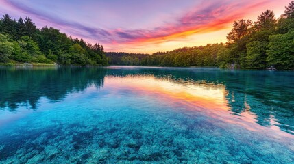 Wall Mural - Serene Lake at Sunset with Colorful Sky and Reflections in Water