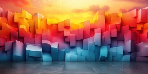 Wall Mural - Vivid Abstract Architectural Structure Featuring Engaging Interplay of Colorful Geometric Blocks in a Dynamic Gradient from Warm to Cool Shades