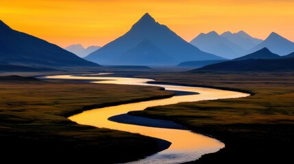 Wall Mural - Serene River Flowing Through Majestic Mountains at Sunset