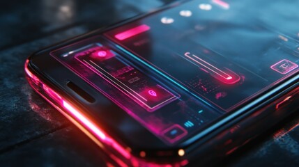 Poster - Futuristic smartphone interface with glowing neon UI elements on a dark surface