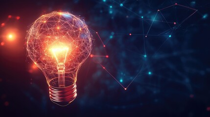 Poster - Futuristic AI lines connect a glowing brain to a bright light bulb, symbolizing the spark of creative solutions and innovative thinking.