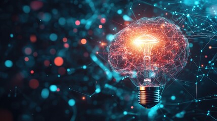 Poster - Futuristic AI lines connect a glowing brain to a bright light bulb, symbolizing the spark of creative solutions and innovative thinking.