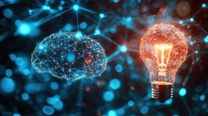 Poster - Futuristic digital lines connect a brain to a glowing light bulb, symbolizing innovative ideas, intelligent solutions, and creative breakthroughs.