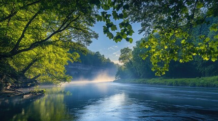 Aufkleber - Heart-shaped tree leaves frame a quiet river, flowing gently toward a misty cliff, with a serene blue sky overhead, creating a peaceful scene.