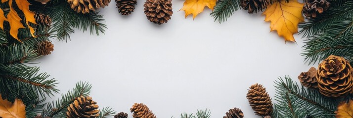 Aufkleber - Pine cones and autumn leaves arranged around a blank space with evergreen branches. Generative AI