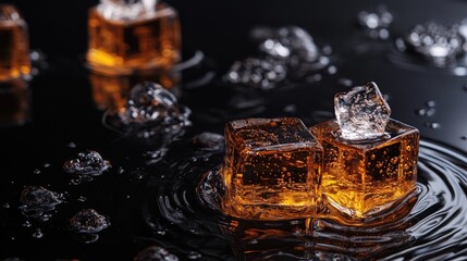 Poster - Ice cubes melting slowly on a glossy black surface, with whiskey and water creating ripples and dynamic patterns in the liquid, highlighting a sophisticated scene.