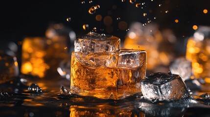 Poster - Ice cubes with intricate textures, surrounded by whiskey splashes and water droplets, bathed in warm lighting to capture the essence of luxury and refinement.
