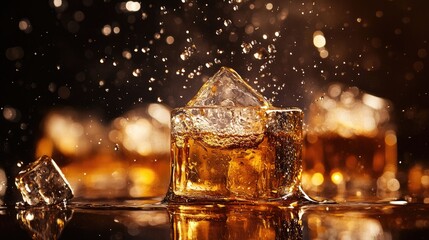 Poster - Ice cubes with intricate textures, surrounded by whiskey splashes and water droplets, bathed in warm lighting to capture the essence of luxury and refinement.