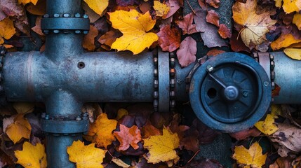 Poster - Industrial pipeline fittings set against the colorful backdrop of autumn leaves, showcasing the perfect balance of technology and seasonal aesthetics.