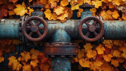 Poster - Industrial pipeline fittings set against the colorful backdrop of autumn leaves, showcasing the perfect balance of technology and seasonal aesthetics.