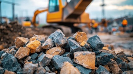 Poster - Jagged pile of rocks at a busy construction site, with blurred construction equipment and workers in the background, highlighting the raw materials at the foundation of a project.