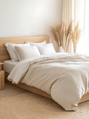 Leinwandbilder - Cozy bedroom featuring a light-toned bed with plush bedding and decorative plants.