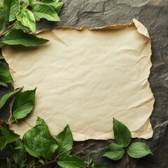 Fototapete - Rustic paper sheet surrounded by fresh green leaves on textured stone background in natural light. Generative AI