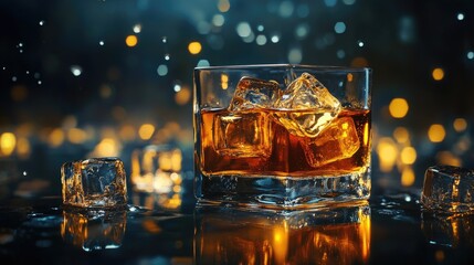 Poster - Melting ice cubes on a glossy dark surface, reflecting golden whiskey and water droplets under dramatic lighting, creating a moody and luxurious atmosphere.