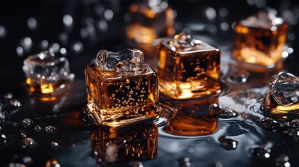 Poster - Melting ice cubes on a reflective black surface, with whiskey ripples and water droplets forming dynamic, intricate patterns, creating a rich, luxurious ambiance.
