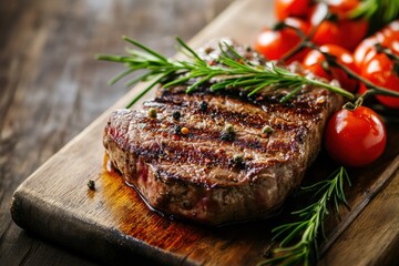 Aufkleber - Grilled steak garnished with rosemary and cherry tomatoes on a wooden board. Generative AI