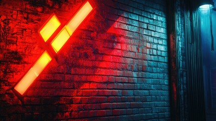 Wall Mural - Neon lights in geometric patterns glow against a grungy brick wall, blending modern and industrial elements in a visually captivating design.