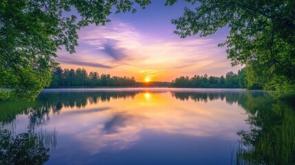 Poster - Perfectly aligned trees frame a serene lake, with reflections of a pastel-colored sunset sky creating a calm and serene atmosphere.