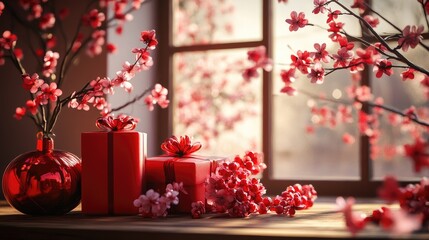 Wall Mural - Red gifts and delicate cherry blossoms arranged in perfect harmony, bathed in soft, warm light, creating an inviting, peaceful atmosphere.