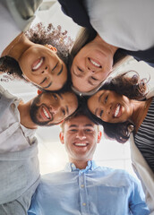 Poster - Business people, portrait and low angle circle in office, team building and support in partnership. Employees, cooperation and trust in workplace meeting, diversity and huddle together for solidarity