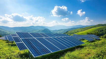Poster - Solar panels and antennas amid rolling green hills under a vibrant blue sky, symbolizing an efficient backhaul system in a scenic, eco-friendly setting.