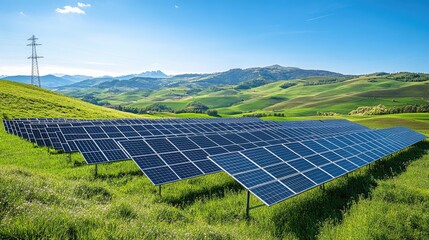 Poster - Solar panels and communication antennas amidst rolling hills, with a bright blue sky above, emphasizing the balance between technology and nature for a sustainable future.