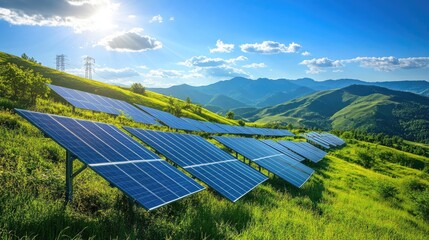 Poster - Solar panels and communication antennas amidst rolling hills, with a bright blue sky above, emphasizing the balance between technology and nature for a sustainable future.